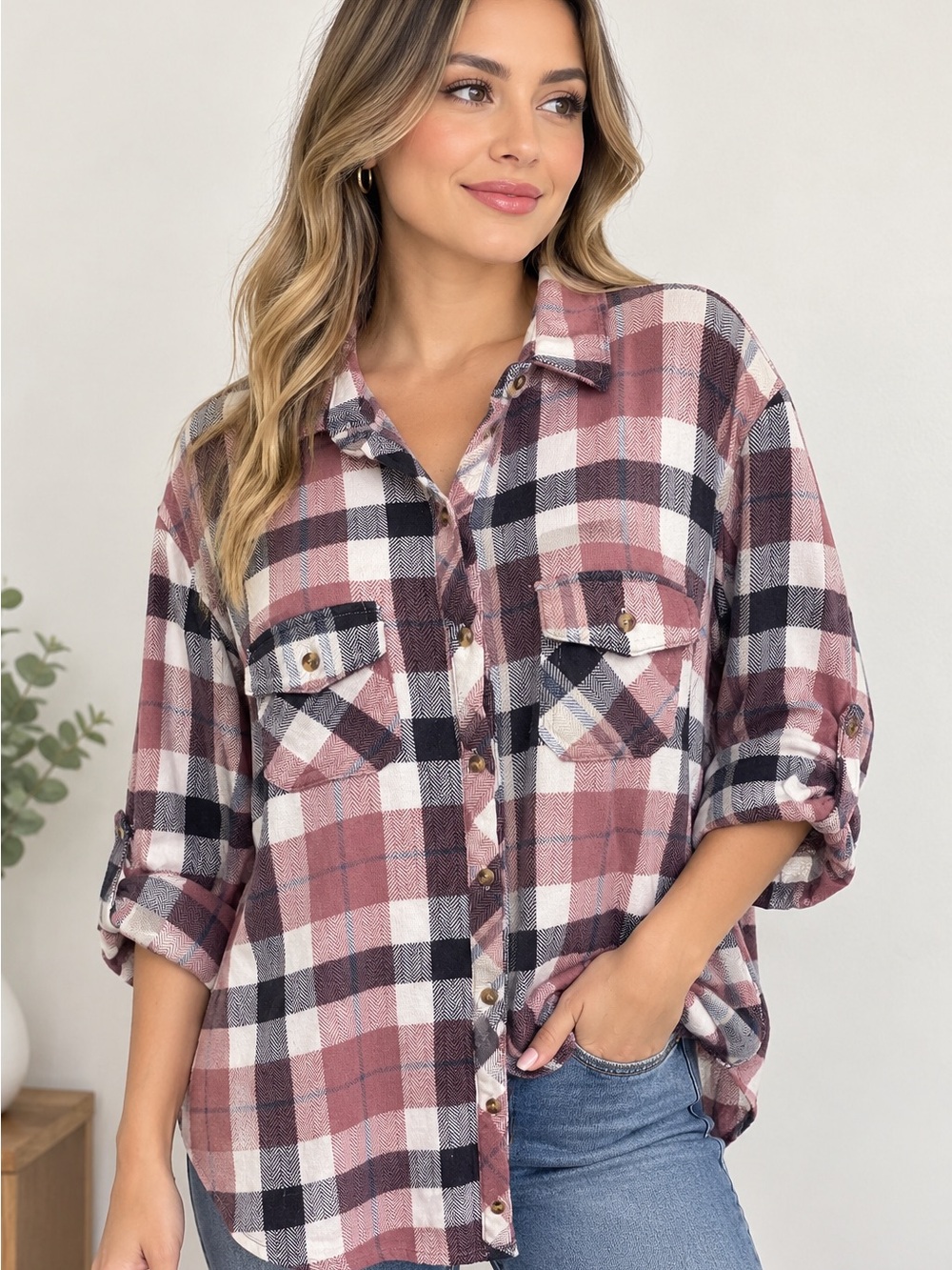 Eden & Olivia Dusty Rose and Black Plaid Button-Down Shirt